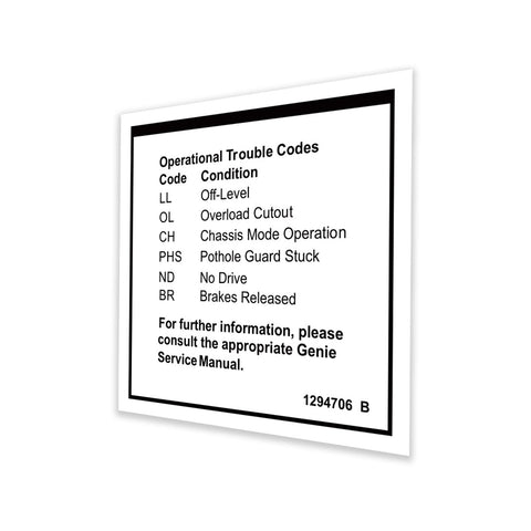 DECAL,LABEL,FAULT CODES, MINI