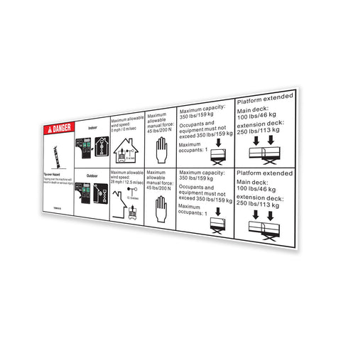 DECAL, DANGER, MAX CAPACITY 350LBS, SIDE FORCE 45LBS