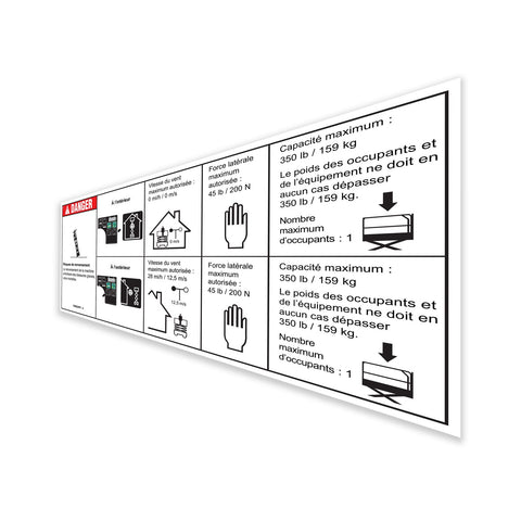 DECAL, DANGER, MAX CAPACITY 350LBS, SIDE FORCE 45LBS