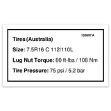 DECAL, LABEL, TIRE SPECS, AUS