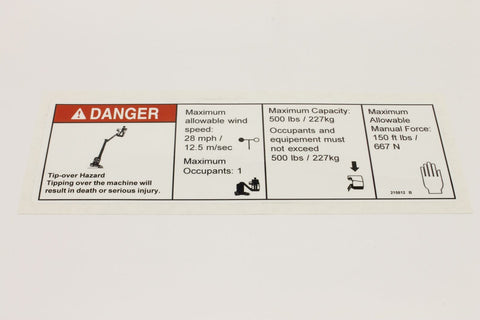 DECAL,DANGER MAX CAP SIDE FORCE ANSI