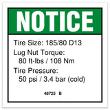 DECAL,NOTICE,TIRE SPECS
