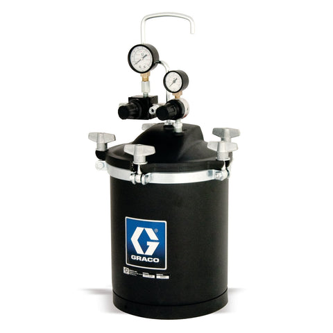 Graco | 223833 2.5 Gallon Pressure Pot. Aluminum construction, up to 50 psi, with dual regulators for fluid and air control.