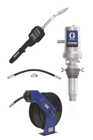 Graco | 24J736 LD Series 5:1 Tank Mount Oil Pump with SD Series Hose Reel Packages - Preset Meter Type
