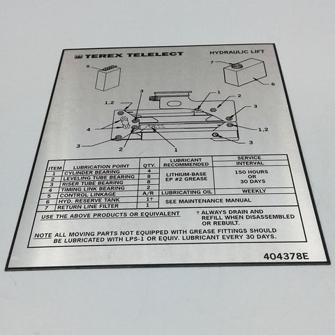 Terex : LUBE CHART Part No. 404378TU